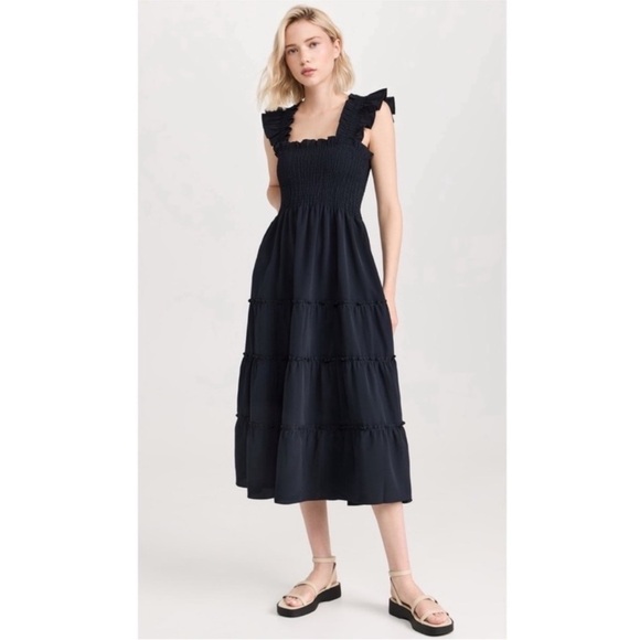 Hill House Dresses & Skirts - Hill House Ellie Nap Dress Smocked Ruffle Midi 100% Cotton Black Sz Small